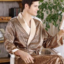men's satin kimono robe, luxury print gold bathrobe, plus size silk dressing gown, geometric lounge sleepwear