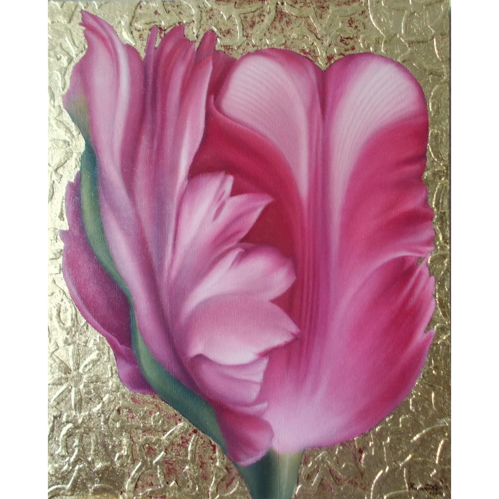 Realistic Pink Tulip Flower Oil Painting On Gold Leaf Background Botanical Wall Art Gift For Women 0