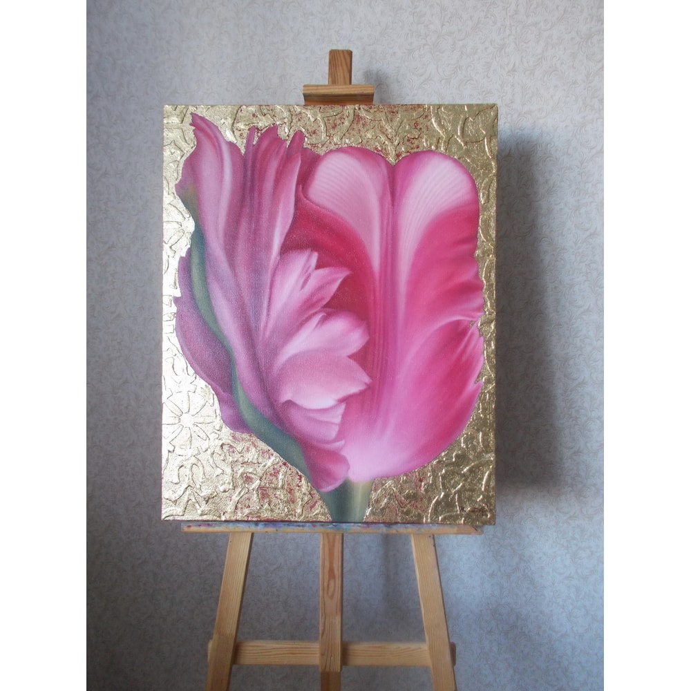 Realistic Pink Tulip Flower Oil Painting On Gold Leaf Background Botanical Wall Art Gift For Women 1