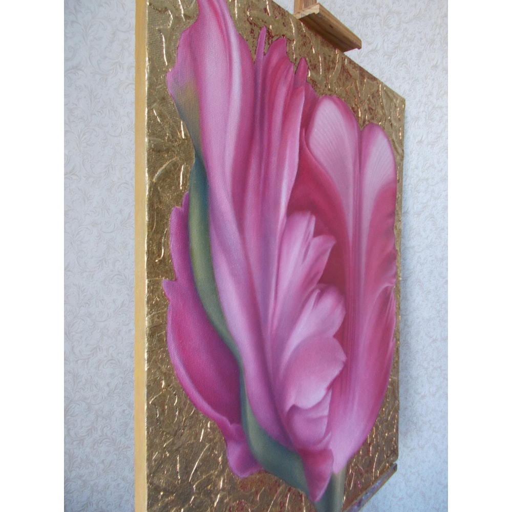 Realistic Pink Tulip Flower Oil Painting On Gold Leaf Background Botanical Wall Art Gift For Women 4