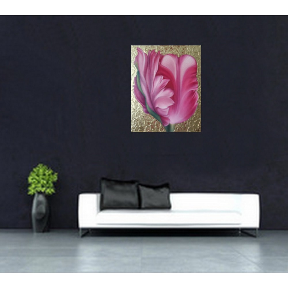 Realistic Pink Tulip Flower Oil Painting On Gold Leaf Background Botanical Wall Art Gift For Women 7