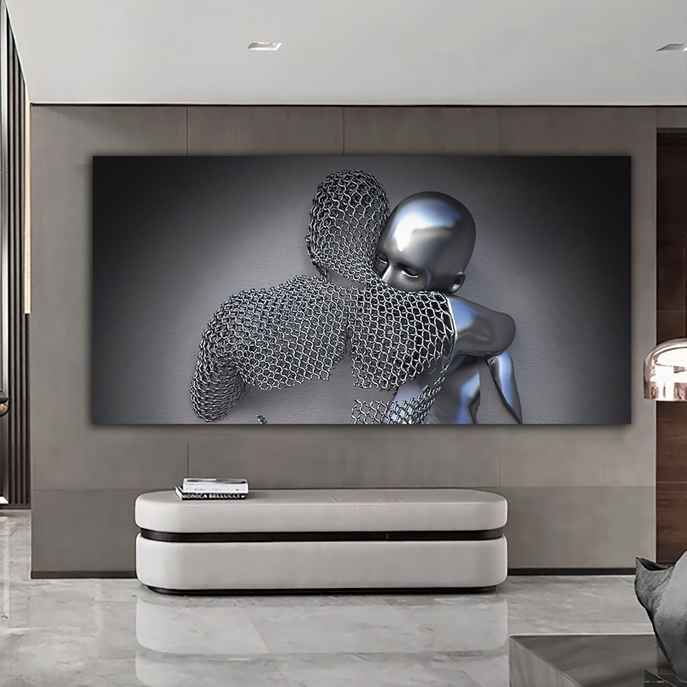 Couples hugging headboard canvas painting, silver love couples canvas painting, love couples wall decor.jpg