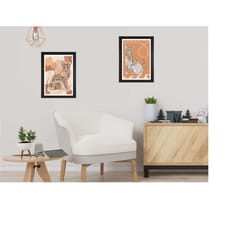 set of 2 abstract cat art prints / 3 sizes / framed available / wall decor / wall art / home decor / earth tones / boho