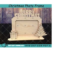 Wooden Merry Christmas Photo Frame With Engraved Tree And Gift Box Svg Dxf Ai Cdr Pdf Format for Laser Cut, Cnc Cut
