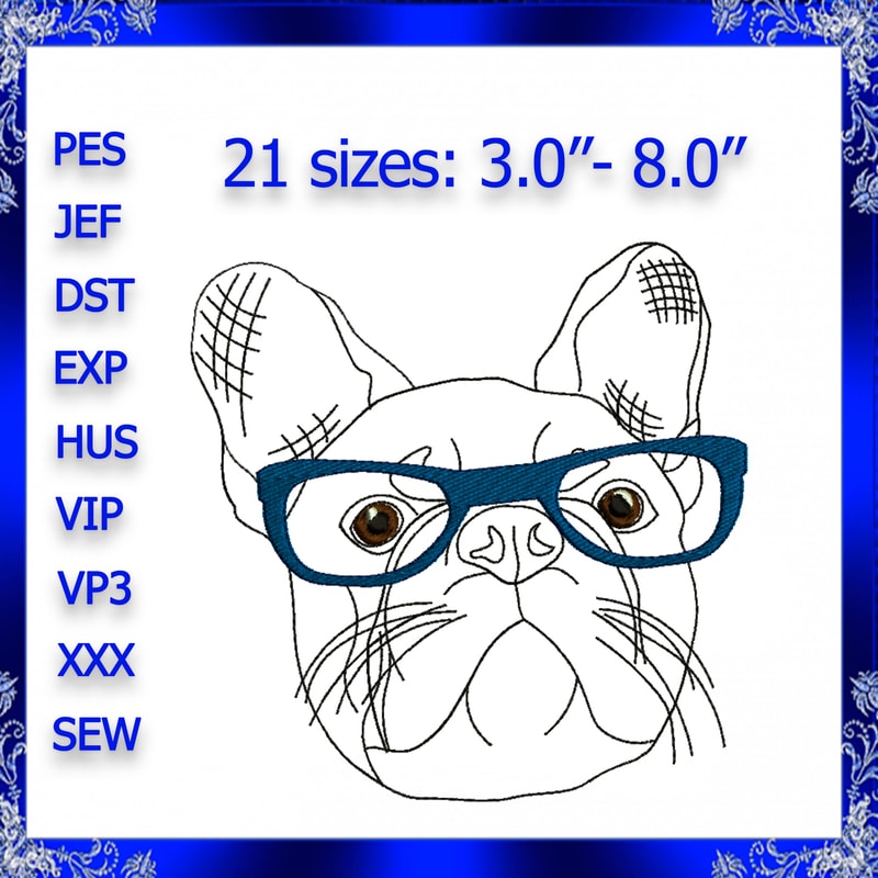 French Bulldog Glasses Machine Embroidery Design Bulldog Embroidery Dog Pug Embroidery Pet With Glasses Embroidery 0