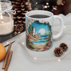 3d hole in a wall beach landscape mug, 3d beach light house, 3d beach seashells in mug, 3d mug, 11oz mug