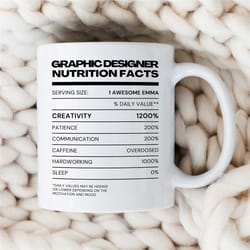 personalized graphic designer nutrition facts mug, custom artist birthday, coworker, office mug, creative profession, hu