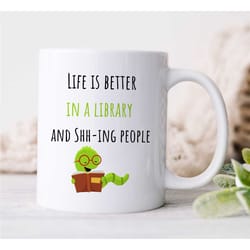 cute reading snake, shh joke for librarians, library staff, cup for bookworms, reader, coworker, birthday, appreciation,