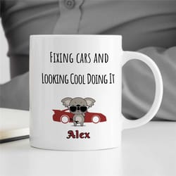 custom mechanic mug, cool koala motif, personalized gift for gearhead, car lover dad, for him, motorbike & automotive me