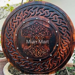 helm of awe viking shield battle-ready shield wooden shield brown., celtic sword & shield wall art, celtic wooden shield