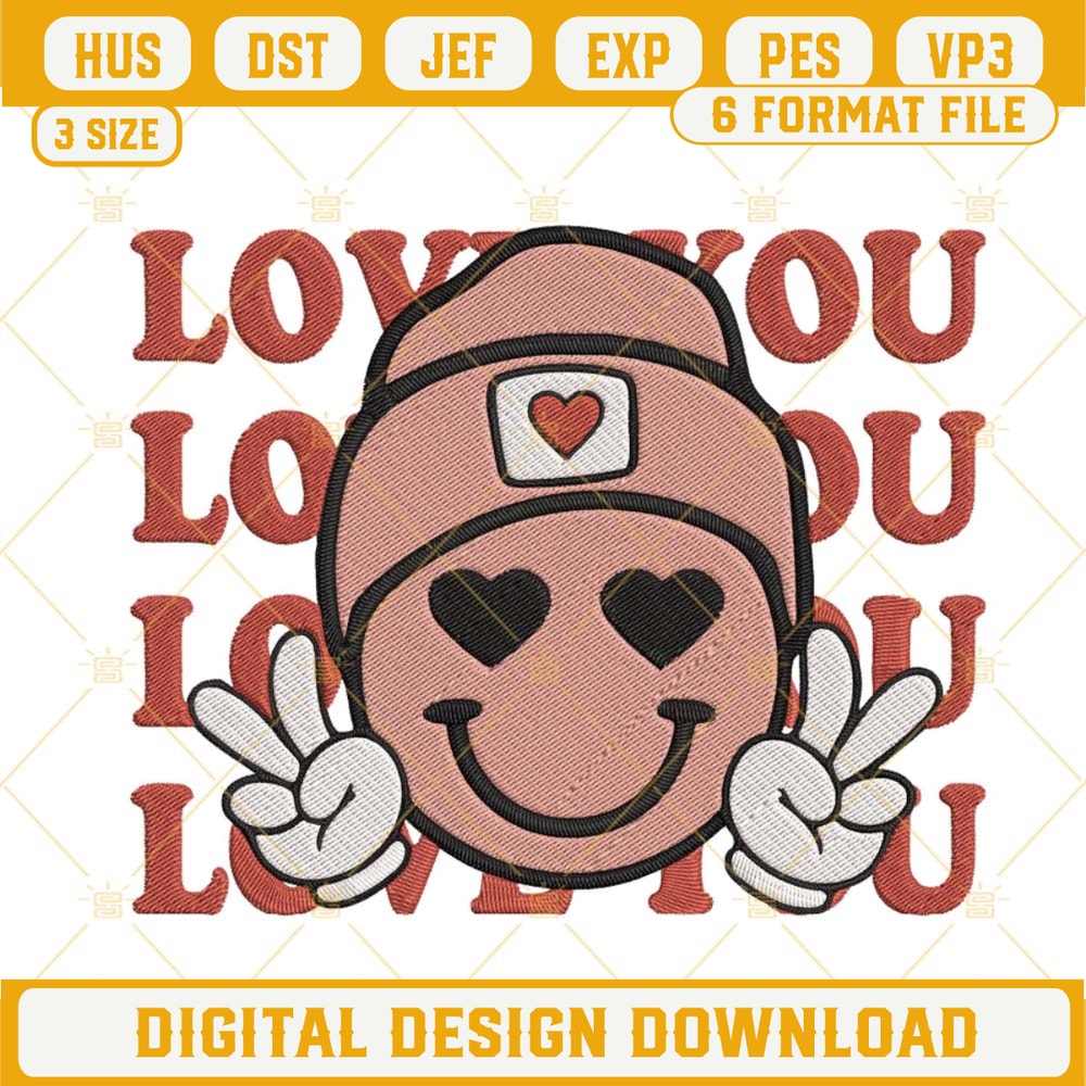 Love You Smiley Face Embroidery Designs, Retro Valentines Smile Face Embroidery Files.jpg