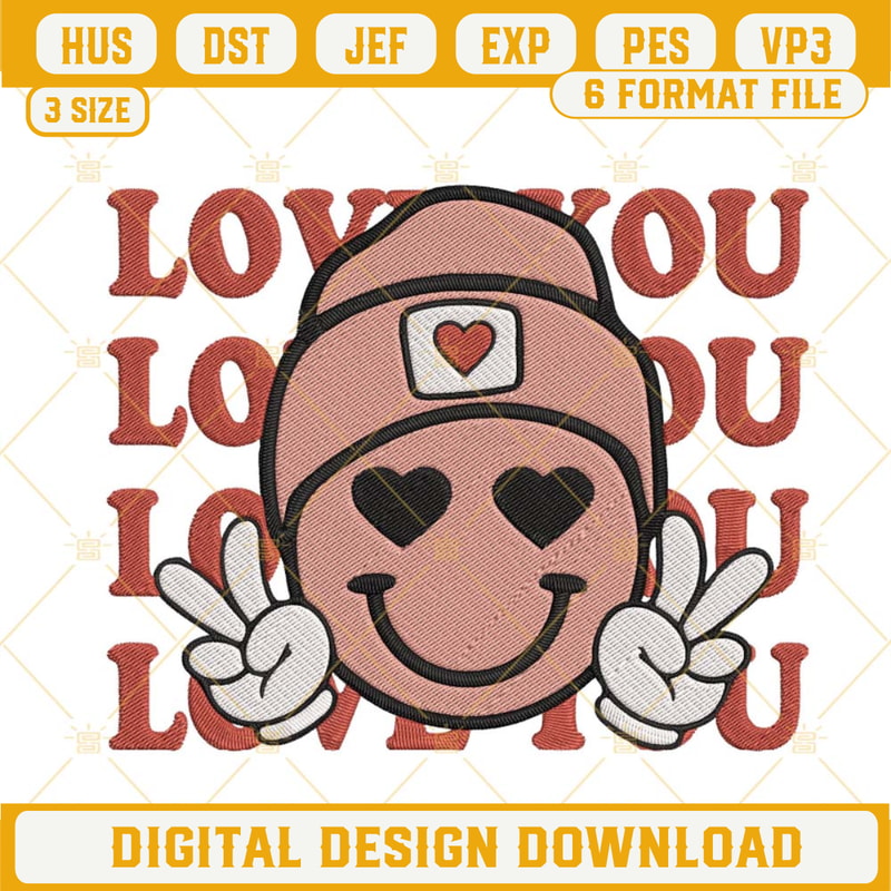 Love You Smiley Face Embroidery Designs, Retro Valentines Smile Face Embroidery Files.jpg