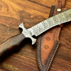custom handmade damascus steel bowie knife sheath natural rose wood handle,