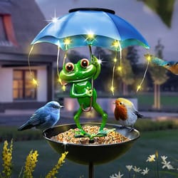 outdoor solar powered frog statue, garden decoration with hummingbird bird feeder for lawn, backyard, and pathway light
