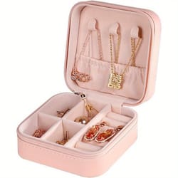 travel friendly storage box, pink synthetic leather jewelry box for earrings, necklaces, rings