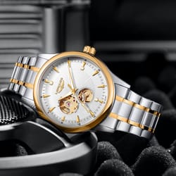 elegant luxury watches for men, waterproof skeleton automatic mechanical stainless steel business gift watch