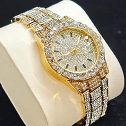 luxury stainless steel fashion gold watches, elegant iced diamond jewelry, quartz wristwatch for women