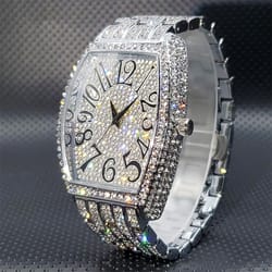 diamond silver iced out quartz watch, stainless steel men's watches luxury, big dial top brand waterproof