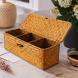 rectangular vintage shelf, handcrafted woven storage basket, partitioned storage box for home storage