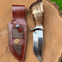 custom handmade stag crown hunting knife | d2 steel clip point blade | full tang outdoor survival knife + leather sheath