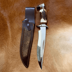 handcrafted d2 steel bowie knife | deer horn handle | 13" full/hidden tang outdoor hunting knife + leather sheath
