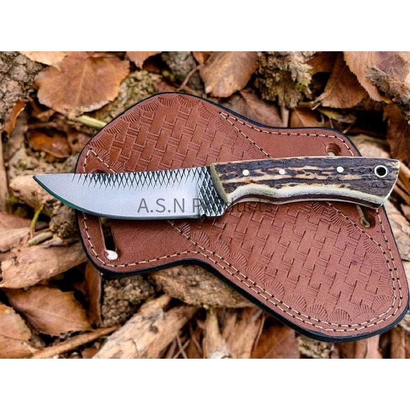 Cowboy Hunting Knife With Stag Antler Handle Western Style Bushcraft Knife With Leather Sheath Ru 0