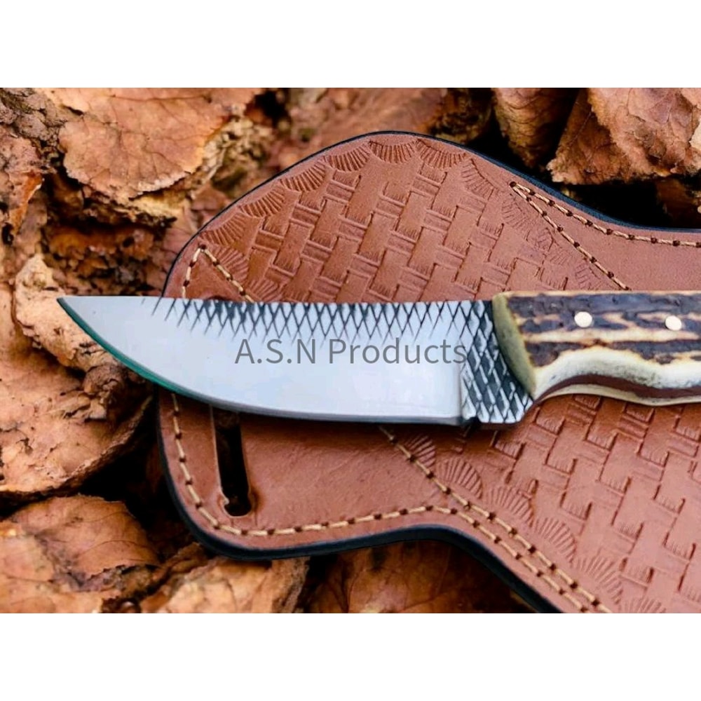 Cowboy Hunting Knife With Stag Antler Handle Western Style Bushcraft Knife With Leather Sheath Ru 1