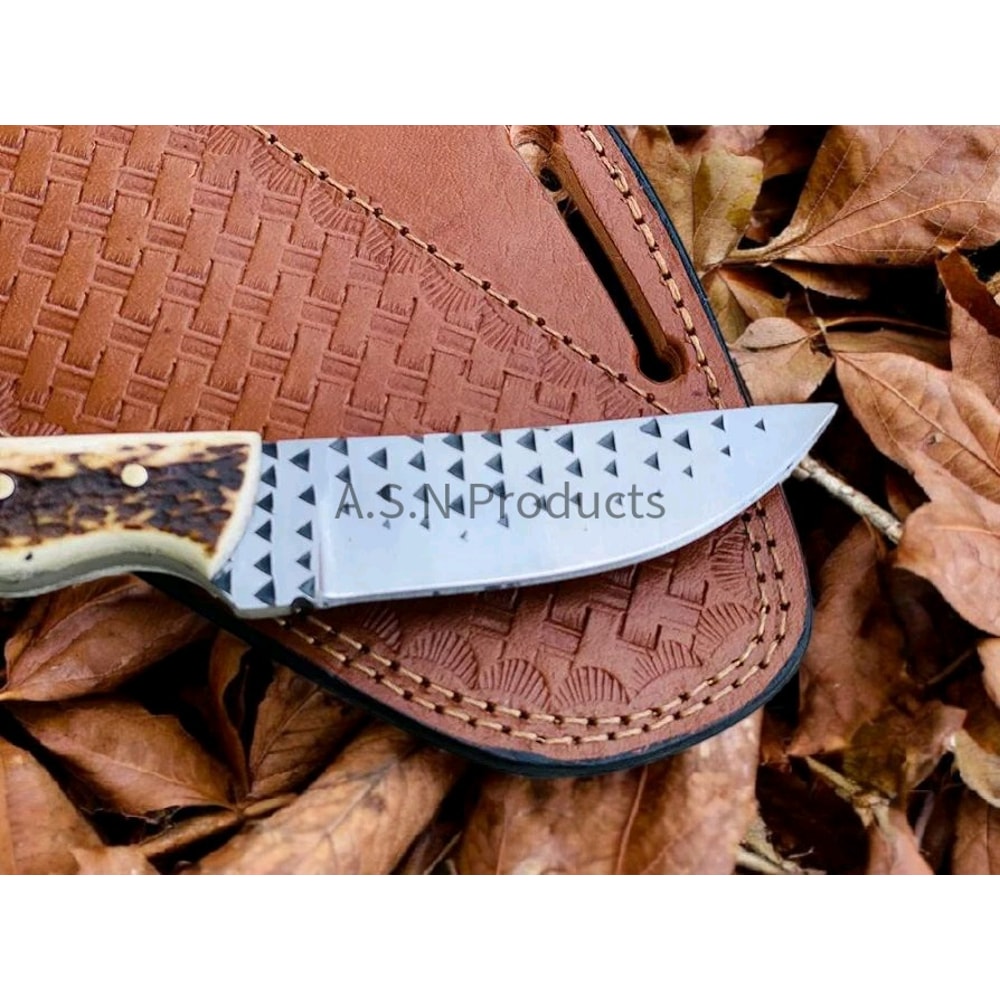 Cowboy Hunting Knife With Stag Antler Handle Western Style Bushcraft Knife With Leather Sheath Ru 3