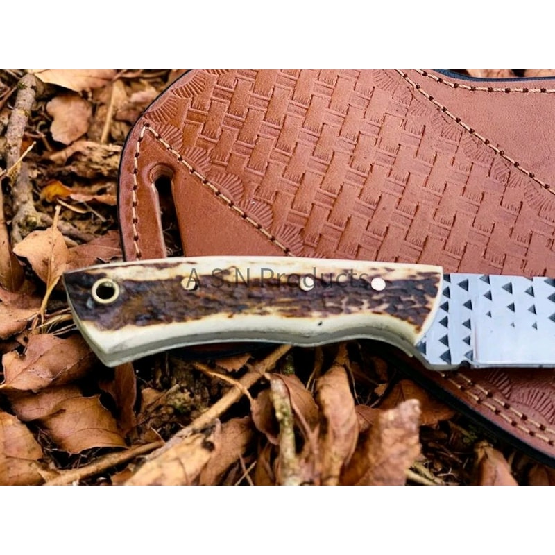 Cowboy Hunting Knife With Stag Antler Handle Western Style Bushcraft Knife With Leather Sheath Ru 4