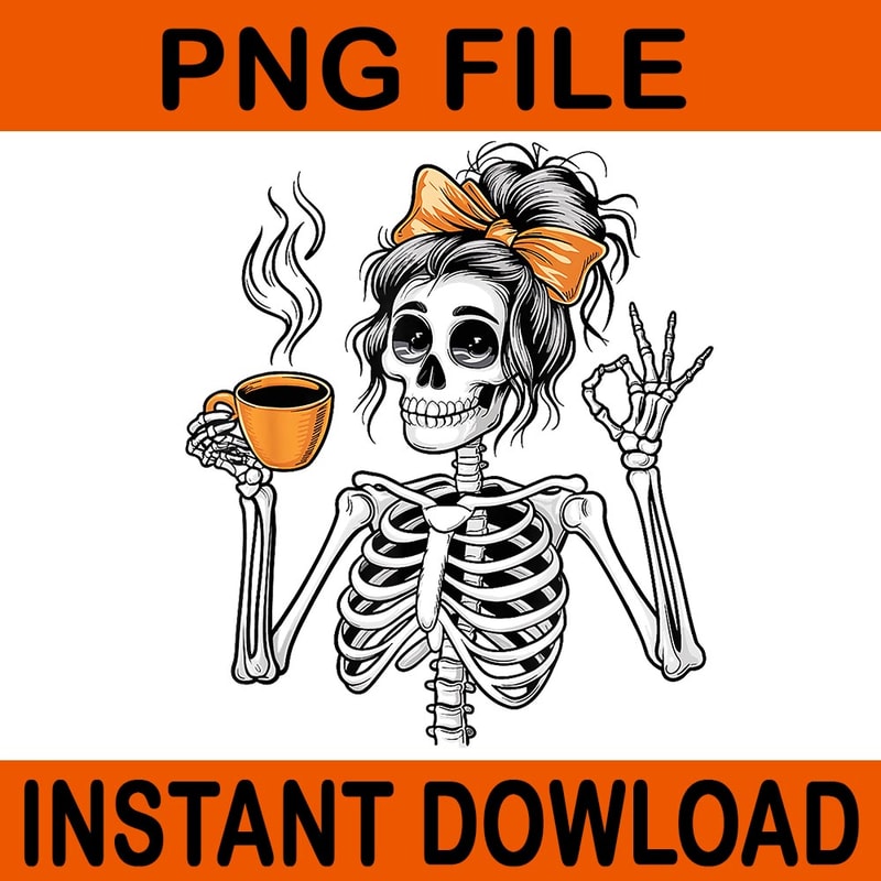 Skeleton Messy Bun Coffee Halloween PNG 0