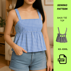 tie back top sewing pattern – peplum blouse pdf pattern for women – sizes xs–xxxl – easy summer diy top – digital downlo
