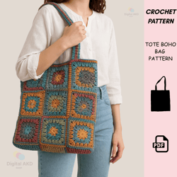 square sack crochet pattern – granny square tote bag pdf, boho crochet sack pattern, colorful crochet bag tutorial, digi