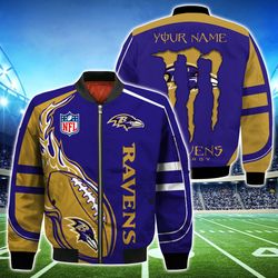 Baltimore Ravens Bomber Jackets Monster Energy Custom Name, Baltimore Ravens Bomber Jackets, NFL Bomber Jackets