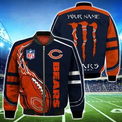 Chicago Bears Bomber Jackets Monster Energy Custom Name, Chicago Bears Bomber Jackets, NFL Bomber Jackets