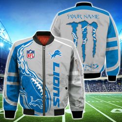 Detroit Lions Bomber Jackets Monster Energy Custom Name, Detroit Lions Bomber Jackets, NFL Bomber Jackets