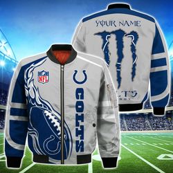 Indianapolis Colts Bomber Jackets Monster Energy Custom Name, Indianapolis Colts Bomber Jackets, NFL Bomber Jackets
