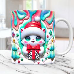 3D Cat Christmas Mug Wrap, Cat Inflated Sublimation Design PNG, Puffy Cat PNG Mug, Xmas Kitten 11oz and 15oz Coffee Chri