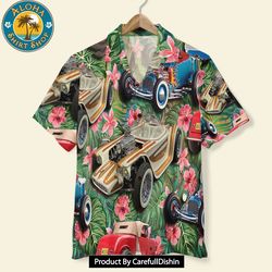 Hot Rod Custom Car Photos with Tropical Pattern, Personalized Hawaiian Shirt