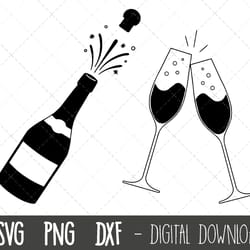 champagne bottle svg, champagne glasses svg, celebration svg, cork pop vector, wedding svg, party png, bottle silhouette