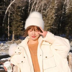 angora women's winter beanie hat, rabbit fur fluffy knitted beanies, soft & warm knit hat for cold weather