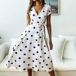 white summer dress for women, casual vintage boho dress with polka dot print, a-line long party dress