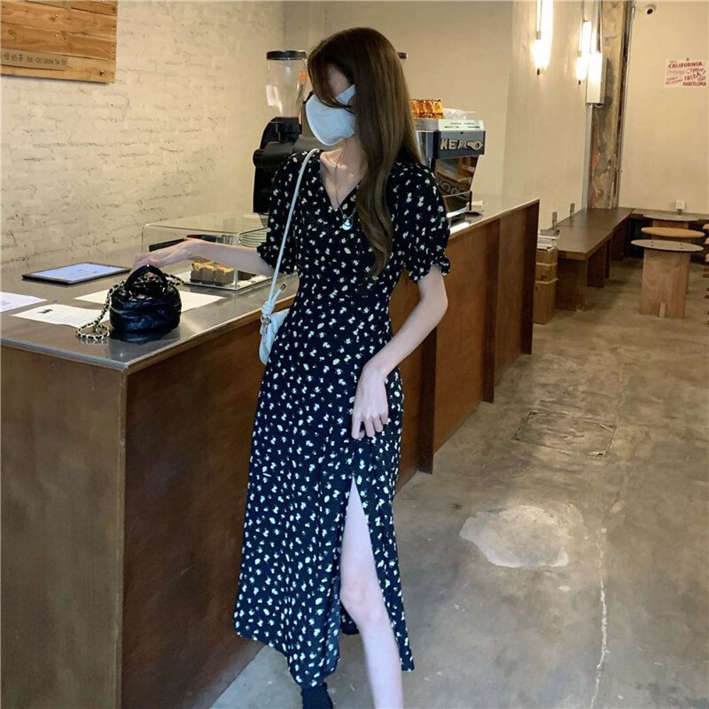 Floral Elegant Summer Dress for Women VNeck SideSlit Dress Korean Harajuku Streetwear for Holida