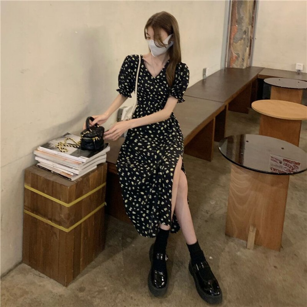 Floral Elegant Summer Dress for Women VNeck SideSlit Dress Korean Harajuku Streetwear for Holida