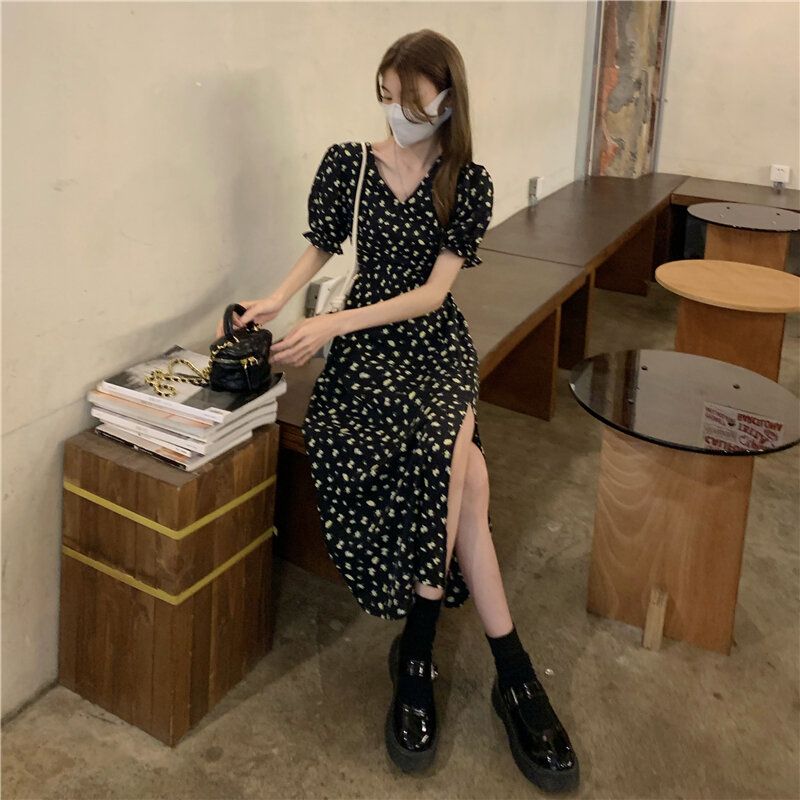Floral Elegant Summer Dress for Women VNeck SideSlit Dress Korean Harajuku Streetwear for Holida