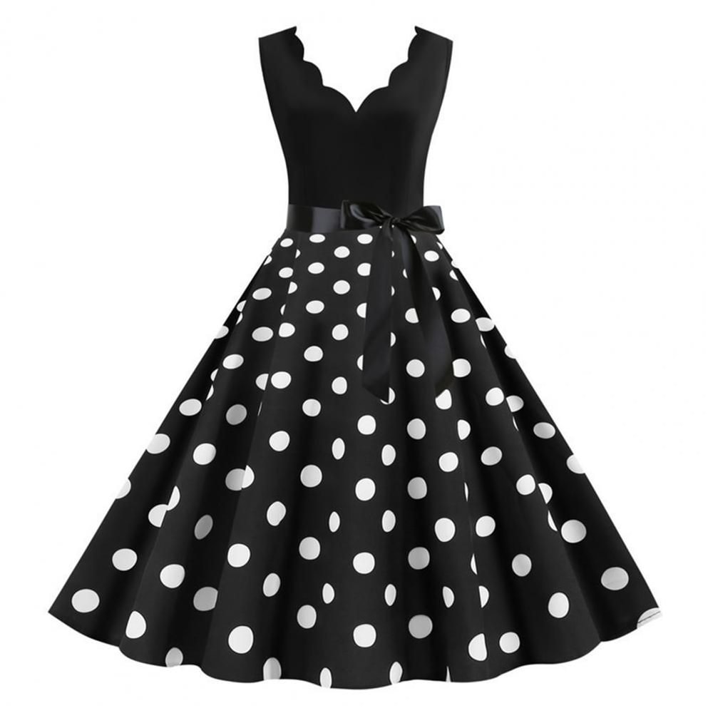Womens Retro Summer Dress VNeck Polka Dot Pinup Party Dress with Bow Audrey HepburnInspired 50s
