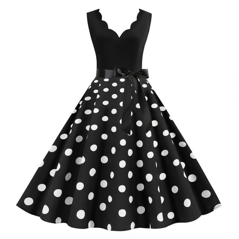 Womens Retro Summer Dress VNeck Polka Dot Pinup Party Dress with Bow Audrey HepburnInspired 50s