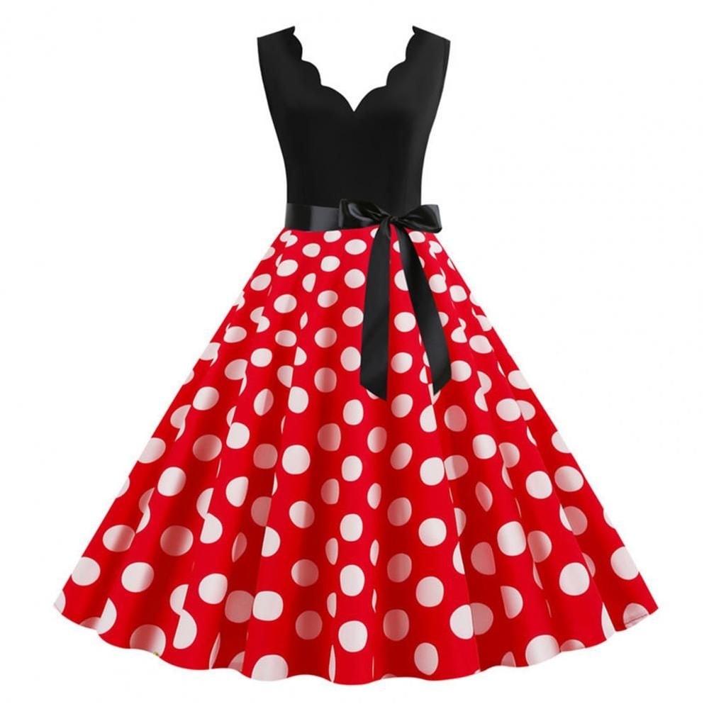 Womens Retro Summer Dress VNeck Polka Dot Pinup Party Dress with Bow Audrey HepburnInspired 50s