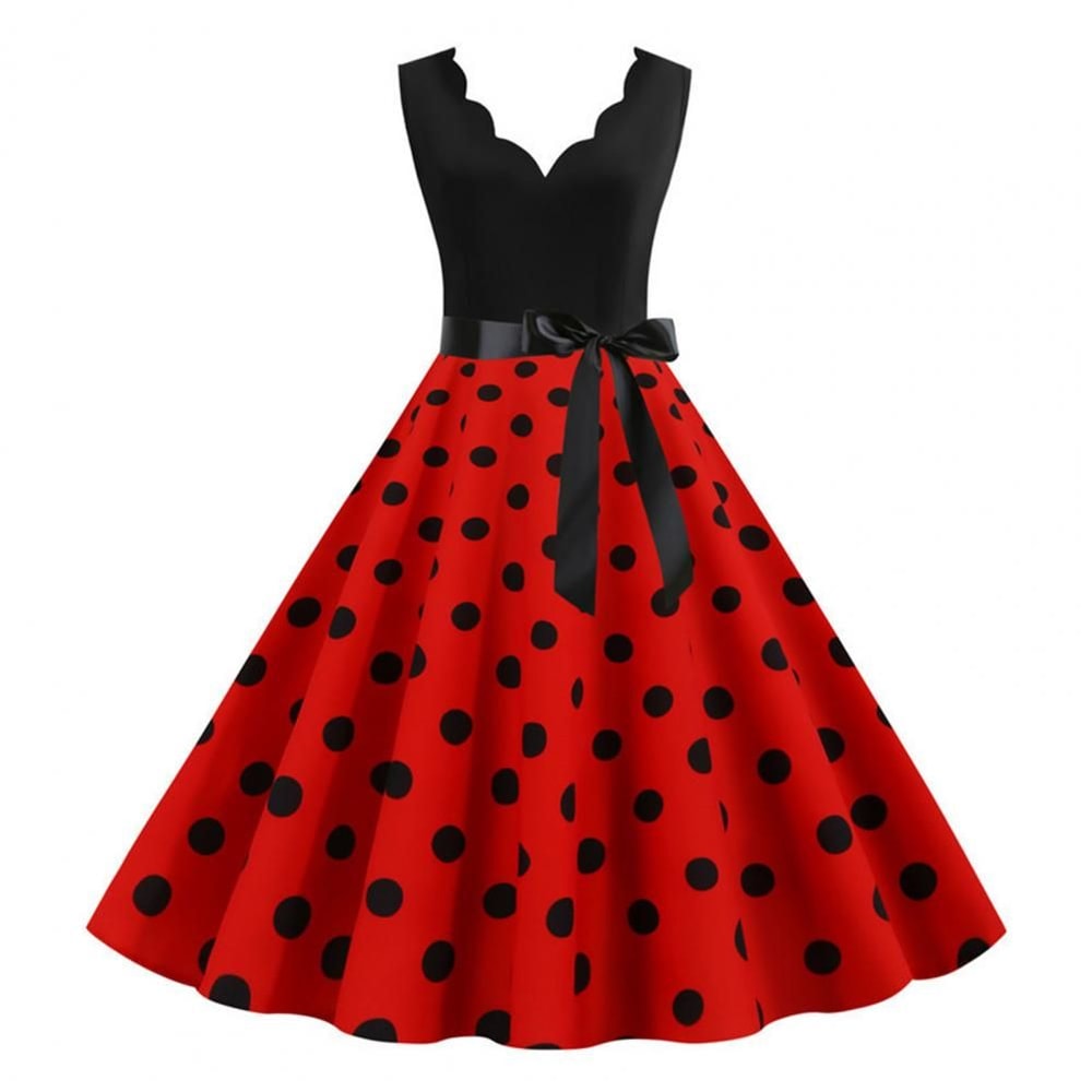 Womens Retro Summer Dress VNeck Polka Dot Pinup Party Dress With Bow Audrey HepburnInspired 50s Vin 4