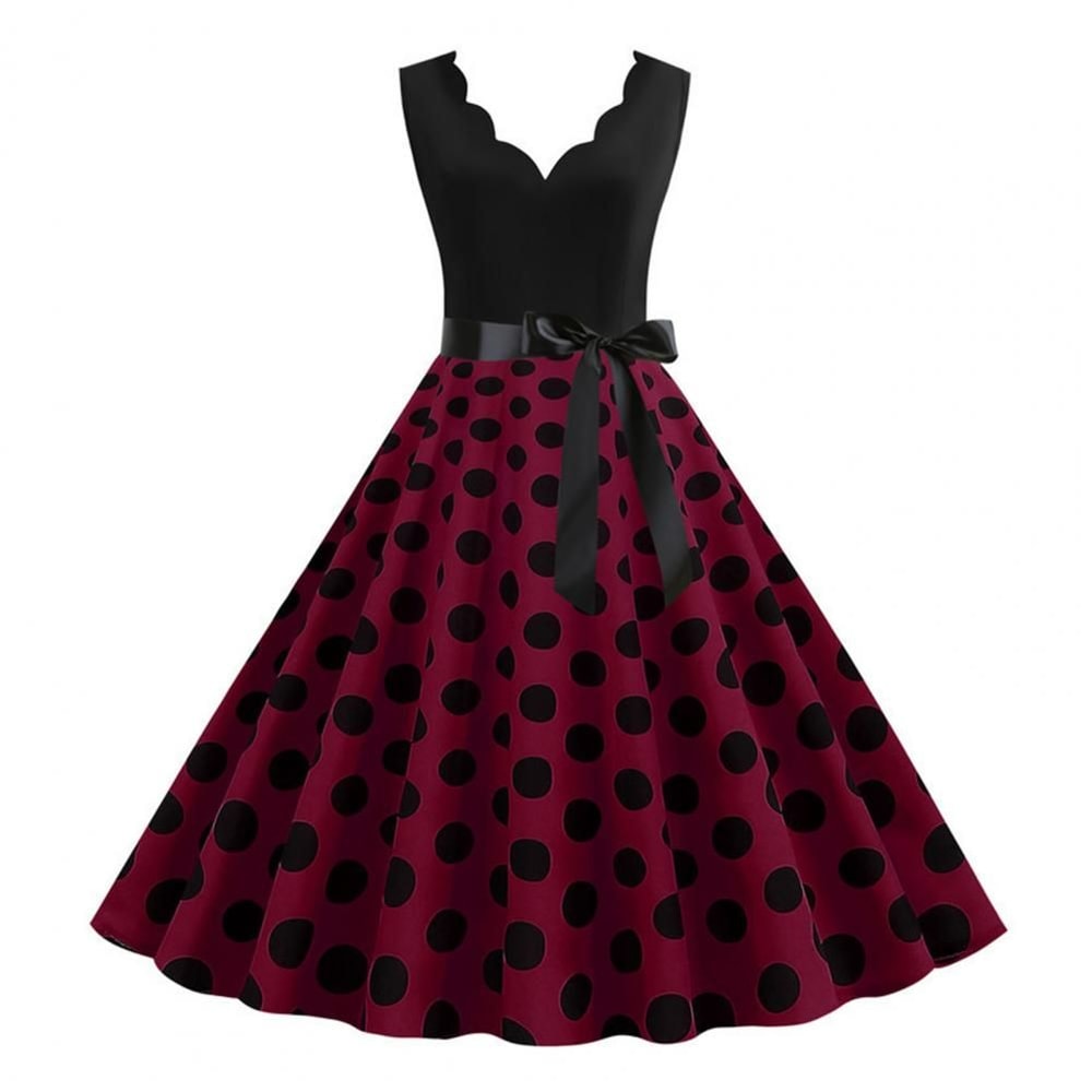 Womens Retro Summer Dress VNeck Polka Dot Pinup Party Dress with Bow Audrey HepburnInspired 50s
