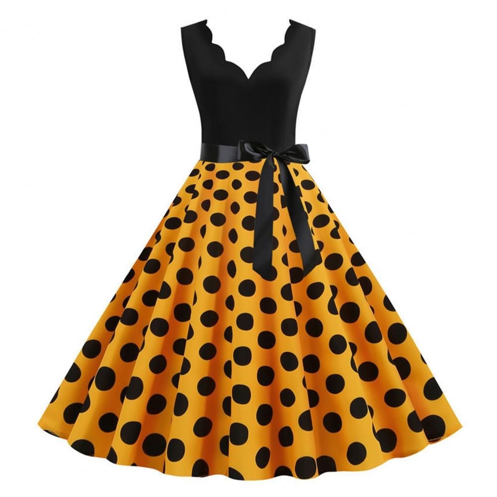 Womens Retro Summer Dress VNeck Polka Dot Pinup Party Dress with Bow Audrey HepburnInspired 50s